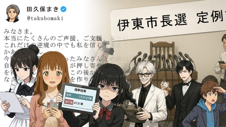 このストーリーはどんな話？ 学歴詐称問題で失職した田久保前伊東市長が、市長選で落選した直後に取材を拒否し、SNSで「みなさんとの絆はいつまでも私の宝物」と一方的にメッセージを発信した騒動。約束を破った責任を報道陣に転嫁する姿勢に批判が集中する中、禍怨祟（カオス）研究所のメンバーたちは「SNS時代の説明責任」「4,131票という数字の意味」「嘘より逃げの方が罪深い理由」について白熱討論を繰り広げます。博士の「真実探知装置」は今回も爆発するのか？美雪は「絆は宝物」という言葉に感動しつつも、選挙結果の数字を見て何に気づくのか？政治家の嘘と逃げ、そして説明責任の本質を考える物語です！ https://ecotic-note.com/j-politics/democracy-and-mayors-responsibility/ [temp id=1] ケーキを賭けたクイズで始まる研究室の議論 禍怨祟（カオス）研究所の会議室。いつものように空と凛がテーブルを挟んで向かい合っています。 凛空、クイズ。コンビニのショートケーキ賭ける。 空え、いきなり？でも僕が勝ったらケーキおごってくれるってことだよね。受けるよ！ 凛伊東市長選。当選者13,522票。落選した田久保前市長4,131票。この数字、どう解釈する？ 空え？伊東市…あ、前に記事になった学歴詐称の市長さんだ！えーっと…4千人も信じてくれた人がいるってことだから、まだ支持されてるってこと…かな？ 凛ブブー。不正解。ケーキは没収。計算し直し。 空え、違うの！？じゃあ…圧倒的に拒否されたってこと？ 凛計算中…13,522 ÷ 4,131 = 約3.27倍。つまり「3人が拒否する中、1人が支持した」という構図。圧倒的不支持。正解。 そこへ、美雪と静馬が会議室に入ってきました。 美雪あら、凛ちゃんと空ちゃん、何のお話ですの？ 空あ、美雪さん！伊東市長選の話です。学歴詐称で失職した田久保前市長が落選したんですよね。 美雪まあ、それは存じてますわ。でも田久保さん、SNSで素敵なメッセージを出されてましたわよ！「みなさんとの絆はいつまでも私の宝物」って…感動的ですわ！ 凛美雪さん、その「絆」の数、4,131票。拒否した人、13,522票。数字、見た？ 美雪え…あら…そういえば… そのとき、博士が研究室からゆっくりと姿を現しました。手には何やら煙を吹き出している装置を持っています。 博士ククク…実に面白い議論をしているではないか。吾輩の最新発明「真実探知装置」が反応しておるぞ！嘘と真実を見分けるこの装置が、今回の事件の核心を暴くのだ！ 空博士、それ煙出てますけど大丈夫なんですか…？ 博士ククク…問題ない。これも想定の範囲内だ！そう、吾輩こそが禍怨祟（カオス）博士！発明は爆発するが、嘘はつかぬのだ！ 凛…それ、褒めてるのか微妙。でも確かに叔父、嘘はつかない。爆発するだけ。 今回のニュース：何が起きたのか 博士が新聞記事をホワイトボードに投影しました。 博士ククク…では、まず今回のニュースを確認しておこうではないか。 12月14日に投開票された伊東市長選で落選したことを受け、田久保眞紀 前市長が15日未明にSNSを更新し、「みなさんとの絆はいつまでも私の宝物」などと綴りました。 田久保前市長が学歴詐称問題に端を発して失職したことに伴い実施された伊東市長選では、元市議で新人の杉本憲也 氏が1万3522票を獲得し初当選しました。 田久保前市長は14日深夜に選挙結果が判明後、地元記者会加盟社による取材に応じる予定で調整が進められましたが、報道陣に待機するよう指定した場所に姿を現すことは最後までありませんでした。 陣営関係者によると、田久保前市長は「きょうは行きたくない」と話し、その後、報道陣には関係者を通じて「きょうは取材対応できない。SNSでメッセージとコメントを出すので見てほしい」との考えを伝えていました。 ただ、SNSの中で田久保前市長は「自宅の周辺にマスコミが押し寄せた為、選挙後のコメントを取りやめざるを得ませんでしたが、この後からの動画配信だけでなく、改めてまたみなさんとお話出来る場を作りたいと思っています」と約束を反故にした件について、一方的に報道陣に責任を転嫁しています。 引用元：伊東市長選に落選の田久保眞紀 前市長がSNSを更新｜静岡第一テレビ 博士ククク…ニュースはざっとこんな感じだ。要点をまとめるとこうだな。 ニュースの要点 伊東市長選の結果：杉本憲也氏13,522票で当選、田久保前市長4,131票で落選 取材約束を破棄：田久保前市長が「行きたくない」と報道陣への取材を拒否 SNSで一方的発信：取材の代わりにSNSで「絆は宝物」とメッセージ 責任転嫁：「マスコミが押し寄せた」と約束破棄の責任を報道陣に押し付け 説明責任の放棄：なぜ学歴詐称をしたのか、なぜ取材を拒否したのかに答えず 空うわ…約束しておいて「行きたくない」って…しかもその責任をマスコミのせいにするなんて… 凛これ、完全に逃げ。説明責任、ゼロ。 まず整理しよう！これまでの経緯を振り返る 萌がタブレットを持って会議室に入ってきました。 萌皆様、田久保前市長をめぐる一連の騒動、複雑すぎて混乱されている方もいらっしゃるかと思います。時系列でまとめた表をご用意しましたので、まずはこちらをご覧ください。 時期 出来事 問題点 2024年4月 田久保氏、伊東市長に当選経歴：「東洋大学法学部卒業」 実際は「除籍」なのに「卒業」と詐称 2024年7月 学歴詐称疑惑が浮上市議会が百条委員会設置を検討 卒業証書の提出を拒否し続ける 2024年9月 田久保市長、辞意表明→翌日、一転して撤回 市役所に苦情電話3,300件超職員が疲弊 2024年10月 市議会が不信任決議を可決→市長失職が確定 「除籍」と「卒業」の違いを説明せず失職 2024年11月 刑事告発（偽造私文書行使容疑） 法的責任の追及が始まる 2025年12月14日 伊東市長選で落選当選者13,522票 vs 田久保氏4,131票 取材を約束しながら「行きたくない」と拒否SNSで一方的にメッセージ発信 2025年12月15日 SNSで「絆は宝物」投稿責任を報道陣に転嫁 「マスコミが押し寄せた」と責任転嫁説明責任を果たさず 空うわ…こうして見ると、何度も説明から逃げてるんですね… 静馬そうなんです。最初に卒業証書を一枚提出していれば、ここまで大きな問題にはならなかったはずなのですが… 美雪あら…本当に…何度も何度も… 「嘘より逃げの方が罪深い」空の歴史知識 空あの…思い出したんですけど、歴史上、嘘をついた人より、説明から逃げ続けた人の方が信用を失ってるんですよね。 凛空、例えば？ 空例えば、古代ローマの皇帝ネロは、ローマ大火の責任追及から逃げ続けて民衆の怒りを買ったんだ。もし最初に正直に対応していたら、歴史上最悪の皇帝とまでは言われなかったかも。 博士ククク…空君、素晴らしい歴史知識だ！吾輩の真実探知装置もその通りだと反応しておるぞ！嘘は一度の過ちだが、逃げは連続した裏切りなのだ… 空博士、その装置また煙の量が増してますけど… 博士くっ…これも世界の意志なのか…！ 美雪確かに…嘘は一度の過ち、でも逃げは何度も続く…これは深いですわ… 「嘘をついて当選＝詐欺」という視点 凛ん。もう一つ重要な視点。「嘘をついて当選すること」、これ、詐欺じゃない？ 空え、詐欺？ 静馬凛さんの視点、非常に鋭いですね。有権者は候補者の経歴を信じて投票したわけですから、その経歴が虚偽だった場合、投票者を欺いたことになります。 萌法律的には難しいのですが、道義的には確かに「信頼を騙し取った」と言えますね。詐欺の本質は「相手を騙して利益を得ること」ですから、その定義には当てはまります。 博士ククク…吾輩の真実探知装置も同じ結論を出しておるぞ！嘘を信じて投票した者からすれば、それは詐欺に他ならない！民主主義の根幹を揺るがす行為なのだ！ 美雪確かに…「この人は大学を卒業したから信頼できる」と思って投票した方々にとっては…それは騙されたのと同じですわね。 SNS発信と従来メディアの本質的違い 空でも、田久保前市長は取材を断って、SNSでメッセージを出したんですよね。SNSでの発信も説明責任を果たしたことになるんじゃないですか？ 凛それ、全然違う。 空え、何が違うの？ 萌では、SNS発信と従来のメディア取材の違いを表にまとめましたので、ご覧ください。 項目 SNS発信 従来メディア（記者会見・取材） 情報の方向性 一方向（発信者→受信者） 双方向（質問→回答） 質問の有無 なし（都合の悪い質問を避けられる） あり（記者が追及できる） 内容の選択 発信者が自由に選択 記者が質問内容を決定 編集権 発信者が完全にコントロール 記者が客観的に編集 美談化のリスク 高い（都合の良い話だけ発信可能） 低い（記者が事実を追及） 説明責任 不十分（一方的発信） 十分（双方向の対話） 空あ、本当だ…SNSだと都合の悪い質問には答えなくていいんだ… 博士ククク…その通りだ！SNSは情報の発信においては便利なツールだが、説明責任を果たすには不適切なのだ。なぜなら、説明責任とは「相手の疑問に答える義務」だからな。一方的に美しい言葉を投げかけるだけでは、それは説明ではなく、ただの宣伝に過ぎん！ 静馬まさにその通りです。田久保前市長は「絆は宝物」という美しい言葉でメッセージを発信しましたが、「なぜ取材を拒否したのか」「なぜ学歴詐称をしたのか」といった核心的な質問には一切答えていません。 美雪そう言われてみれば…「絆は宝物」って言葉は美しいけど、何の説明にもなってませんわね… 責任転嫁という最悪の選択 凛さらに問題。田久保氏、取材約束を破った責任を「マスコミが押し寄せたから」って報道陣のせいにした。最悪。 空え、そうなんですか？ 萌はい。報道によれば、田久保前市長は陣営関係者を通じて「自宅の周辺にマスコミが押し寄せた為、選挙後のコメントを取りやめざるを得ませんでした」とSNSで述べています。 静馬しかし実際には、報道陣は田久保前市長側が指定した場所で待機していたのです。つまり、報道陣は約束を守っていたのに、田久保前市長側が一方的に約束を破り、その責任を報道陣に転嫁したわけです。 博士ククク…これは最悪の選択だな！「嘘」から「逃げ」に進化し、ついには「責任転嫁」という最終形態に到達したか…吾輩の真実探知装置が悲鳴を上げているぞ！ その瞬間、博士の手にある真実探知装置が激しく煙を吹き出し始めました。 博士くっ…真実と嘘の境界が曖昧すぎて装置が耐えられん！これも世界の意志か… 空博士、それ爆発しそうですよ！ 「「「ドカーンッ！」」」 凛…叔父、今回も爆発した。でも嘘はつかない。そこは評価。 博士くははははははっ！嘘は現実を歪める！歪んだ現実は科学の前進を妨げるのだ！科学とは真実を追求する営みなのだからな…吾輩は爆発はするが、嘘だけはつかんのだ！ 萌ご主人様の科学は爆発ばかりして前進しているようには見えませんが…それでも嘘をつかないことだけは評価いたします。 博士むぅ… 美雪確かに…博士は発明品は爆発しても、嘘はおつきにならない…田久保さんとの違いがよく分かりましたわ…誠実さって、こういうことなのですわね。 数字が示す冷徹な現実：4,131票の意味 凛空、さっきのクイズの正解、もう一度確認。4,131票、どういう意味？ 空えっと…「3人が拒否する中、1人が支持した」だから、圧倒的不支持…になるのかな？ 凛正解。でも、もう一つの見方もある。「4,131人は最後まで信じていた」とも言える。 萌凛様の分析、鋭いですね。この4,131票には複数の意味が込められています。一つは「無条件の支持者」、もう一つは「情報不足で判断できなかった人」、そして三つ目は「他に選択肢がないと感じた人」です。 静馬データで見ると、前回（学歴詐称が問題になる前）の市長選では田久保氏は約1万票を獲得していました。今回は4,131票ですから、約6割の支持者を失ったことになります。 美雪6割も…つまり、多くの方が「信頼できない」と判断したわけですわね… 凛ん。美雪さん、さっき「絆は宝物に感動した」って言ってた。でも今、どう思う？ 美雪…正直に申し上げますと…言葉は美しいけれど、数字は冷徹ですわね。4,131人の「絆」より、13,522人の「拒否」の方が圧倒的に多い…これが現実ですわ… 博士ククク…美雪君、良い気づきだ！言葉で美談化しても、数字は嘘をつかぬのだ。これが民主主義における「民意」というものだ！ 信頼回復の可能性はどこで失われたのか 空でも…最初に正直に謝っていたら、違ったんじゃないかって思うんです。歴史上でも、劉備は失敗を素直に認めて謝罪したから、人々の信頼を得たって言われてますよね。 凛空、それ演義の劉備。正史はもっと計算高い。でも今回のケースでは、空の言う通り。 萌では、信頼回復の可能性がどこで失われたのか、段階的に分析してみましょう。 段階 田久保前市長の行動 信頼回復の可能性 第1段階（疑惑発覚時） 卒業証書を提出すれば済む話を拒否 80%正直に認めれば許された可能性が高い 第2段階（辞意表明時） 辞意を表明したのに翌日撤回 40%説明次第で理解を得られる可能性あり 第3段階（不信任決議） 市議会の不信任を受けても説明せず失職 10%厳しいが、真摯な謝罪で一部回復可能 第4段階（再出馬） 説明せずに再出馬 3%ほぼ不可能だが、選挙戦で説明すれば… 第5段階（落選後） 取材拒否→SNSで美談化→責任転嫁 0%完全に信頼回復の道を閉ざした 空最初は80%もあったのに…どんどん下がっていって、最後はゼロ… 静馬そうなんです。最初の段階で正直に対応していれば、「人間だれしも間違いはある」と許される可能性が高かった。しかし、逃げ続けることで、どんどん信頼を失っていったのです。 博士ククク…これが「信頼の崩壊メカニズム」だ！嘘は一度の過ちだが、逃げは連続した裏切りであり、責任転嫁は最後のトドメなのだ！信頼とは積み上げるのに長い時間がかかるが、崩れるのは一瞬…いや、今回のように段階的に崩れていくこともあるのだ！ 美雪博士のお言葉、深いですわ…最初に正直に対応していれば、こんなことにはならなかったのですわね… 博士くははははははっ！吾輩のように誠実で信頼があれば、いくら爆発しようが許され、そしていつか発明が… 萌ご・主・人・様！ 博士むぅ… 凛叔父の発明が爆発しない信頼はゼロ。 凛の最後のケーキ交渉：「誠実さの価値」 凛美雪さん、最後のクイズ。駅前のパティスリーのチーズケーキ3日分賭ける。 美雪まあ、凛ちゃん！受けて立ちますわ！ 凛「絆は宝物」と「13,522人の拒否」、どっちが重い？ 美雪…美しい言葉より、13,522人の意思の方が…重いですわ。民主主義では、数字が現実を示すのですものね。 凛正解。美雪さん、成長した。チーズケーキは明日届ける。 美雪凛ちゃん…ありがとうございますわ。今回の件で、私、学びましたわ。美しい言葉より、誠実な行動の方が大切だということを。 空美雪さん、かっこいいです！ 博士ククク…美雪君、素晴らしい成長だ！吾輩の真実探知装置も…あ、もう爆発してたな… 今回の教訓：政治家の説明責任とは何か 🎯 嘘より逃げの方が罪深い：一度の過ちより連続した裏切りが信頼を破壊する 💬 SNSは説明責任の代わりにならない：一方向の美談化は双方向の対話と質疑応答の代用にはならない 📊 数字は嘘をつかない：4,131票 vs 13,522票という民意の明確な意思表示 🔄 責任転嫁は最悪の選択：報道陣に約束破棄の責任を押し付けることで信頼回復の道を完全に閉ざした ⚖️ 「嘘をついて当選＝詐欺」の視点：有権者を騙して票を得ることは道義的に詐欺と同等 💎 誠実さの価値：美しい言葉より誠実な行動、説明責任を果たす姿勢こそが政治家に求められる エピローグ：禍怨祟（カオス）研究所で過ごすとある一時 "誠実さという宝物" 議論が終わり、研究所の会議室には穏やかな雰囲気が戻ってきました。博士の真実探知装置は黒焦げになって机の上に転がっています。 美雪皆様、今日は本当にありがとうございましたわ。私、SNSに投稿する前に、もっと数字や事実を確認するようにしますわ。美しい言葉に惑わされないように。 空僕も、政治家を選ぶときは、言葉より行動を見るようにします！ 凛ん。美雪さんのチーズケーキ、明日届ける。約束は守る。それが誠実さ。 博士ククク…吾輩の真実探知装置は爆発したが、今回の議論で一つの真実が明らかになったな。政治家に必要なのは、美しい言葉ではなく、誠実な行動と説明責任を果たす勇気なのだ！ 萌ご主人様、その装置の修理費用、また研究予算から引いておきますね。 博士くっ…これも世界の意志なのか… 禍怨祟（カオス）研究所の日常は、今日もいつも通り、爆発と学びと笑いに満ちています。政治家の嘘と誠実さについて考えたこの日の議論は、メンバーたちの心に深く刻まれました。そして、読者の皆さんにも、投票する際には「言葉」より「行動」を見ること、そして政治家には「説明責任」を求め続けることの大切さが伝わったなら幸いです。 ちょっと難しい言葉の解説 絆 人と人との結びつきや、強い信頼関係のこと。今回の田久保前市長のSNS投稿では、支持者との繋がりを美化する表現として使われた。 真実探知装置 博士が開発した架空の装置。嘘と真実を見分けるとされるが、今回も例によって爆発した。しかし博士自身は「発明は爆発するが嘘はつかない」という誠実さを持つ。 詐欺 他人を騙して金品や利益を奪う行為。法律的には刑法上の犯罪だが、道義的には「嘘をついて他者の信頼を裏切り、利益を得ること」全般を指す。政治家が経歴を詐称して当選することも、広い意味では有権者を騙して票（利益）を得たと言える。 説明責任 公的な立場にある者が、自分の行動や決定について、関係者や国民に対して説明する義務のこと。アカウンタビリティ（Accountability）とも呼ばれる。単に情報を発信するだけでなく、疑問や批判に対して誠実に答えることが求められる。 責任転嫁 自分の責任を他者に押し付けること。今回の田久保前市長のケースでは、取材約束を自ら破っておきながら、その責任を「マスコミが押し寄せたから」と報道陣に転嫁した。 民意 国民や市民の意思・意見のこと。選挙結果はその最も明確な形の一つであり、今回の伊東市長選では「13,522票 vs 4,131票」という数字で田久保前市長への明確な不支持が示された。 百条委員会 地方自治法第100条に基づき設置される、地方議会の調査権限を持つ特別委員会。証人喚問や書類提出を求める強い権限を持ち、虚偽の証言には罰則がある。田久保前市長の学歴詐称問題でも設置が検討された。 除籍と卒業の違い 「除籍」は在学期間や単位不足などの理由で大学から籍を抹消されること。「卒業」は所定の単位を取得して学位を授与されること。田久保前市長は「除籍」だったのに「卒業」と詐称していた。 不信任決議 議会が首長（市長など）に対して「信任できない」という意思表示をする議決。地方自治法により、議員の3分の2以上が出席し、その4分の3以上の賛成で可決される。可決されると首長は失職するか、議会を解散するかを選択しなければならない。 皇帝ネロ ローマ帝国第5代皇帝（在位：54年-68年）。芸術を愛し民衆には人気があったが、元老院や貴族との対立を避け続けた結果、最終的に民衆からも見放されて自殺に追い込まれた。「説明から逃げ続けた指導者」の歴史的事例として知られる。 劉備 中国・三国時代の蜀漢の初代皇帝（161年-223年）。民思いで仁徳のある君主として知られる。ただし、その人物像は「演義」と「正史」で大きく異なる。 演義 明代に書かれた歴史小説『三国志演義』のこと。劉備を理想的な仁君、関羽を義理堅い武将として描き、物語的な脚色が多い。日本の三国志イメージの多くはこちらに基づいている。 正史 晋の陳寿が編纂した歴史書『三国志』のこと。演義よりも冷静で客観的な記述が特徴。正史の劉備は、仁徳だけでなく政治的な計算力も備えた人物として描かれている。 ファクトチェック：萌と静馬の秘密レポート 禍怨祟（カオス）研究所・極秘解析室――それは誰にも語られない真実の始点 萌静馬様、本日の情報検証が完了しました。2025年12月15日現在の情報です。 静馬ありがとうございます。結果を拝見させてください。 トピック 信頼性 説明 ソース 伊東市長選の選挙結果 99% 杉本憲也氏13,522票で当選、田久保前市長4,131票で落選 静岡第一テレビ 取材拒否とSNS発信の事実 95% 田久保前市長が取材を約束しながら拒否し、SNSで「絆は宝物」と発信 静岡第一テレビ 「嘘より逃げの方が罪深い」という分析 75% 心理学的・社会学的研究で、継続的な回避行動は一度の過失より信頼を損なうとされる 心理学研究 SNS発信と従来メディアの違い 65% メディア研究で一方向性と双方向性の違いは指摘されるが、説明責任の代用可否は議論中 メディア論研究 博士の真実探知装置 2% 嘘と真実を見分けるとされるが毎回爆発する。ただし博士自身は嘘をつかないという評価 研究所内部資料 ※このファクトチェック結果はAIによる自動評価と公開情報を基に作成されています。 静馬最後の項目、博士の真実探知装置の信頼性2%とは…さすがに低すぎませんか？ 萌あの装置に関しては、信頼性よりも「爆発率」の方が高い統計が出ております。爆発率は98%です。 静馬爆発率の方が高いとは…しかし、博士自身は「発明は爆発するが嘘はつかない」という評価があるそうですね。 萌はい。ご主人様は発明品を爆発させますが、経歴詐称や説明責任の放棄といった行為とは無縁です。その点では、田久保前市長との対比が興味深いですね。 静馬確かに。技術的な失敗と道義的な失敗、どちらが重いかと問われれば… 萌道義的な失敗の方が、はるかに深刻です。爆発は修理できますが、信頼は一度失うと二度と戻りませんから。 静馬ところで、お嬢様のSNS投稿状況はいかがでしょうか？ 萌はい、美雪様の投稿では「絆は宝物って素敵！でも数字を見たら現実が分かった」という内容を確認しました。今回は削除の必要はありませんでした。 静馬それは素晴らしいですね。お嬢様も成長されている。 萌ええ。美雪様は「美しい言葉より誠実な行動」の大切さを学ばれたようです。これは大きな前進ですね。 静馬研究所の損害保険料、今回の爆発でまた上がりそうですが… 萌保険会社からは『博士発明特約』の適用外通告が来ております。今後は自己負担になるかと。 静馬さすがに保険会社も学習しましたか… ——情報分析室の灯りは、今日も静かに真実を照らし続ける……