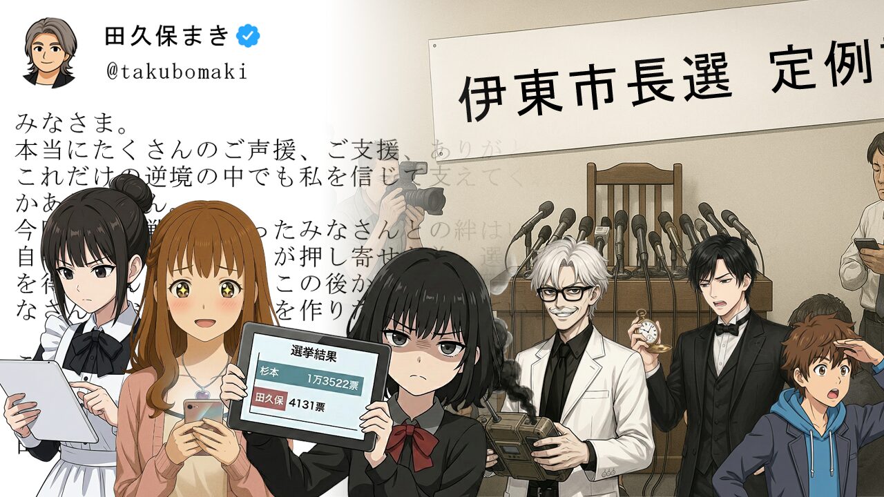 このストーリーはどんな話？ 学歴詐称問題で失職した田久保前伊東市長が、市長選で落選した直後に取材を拒否し、SNSで「みなさんとの絆はいつまでも私の宝物」と一方的にメッセージを発信した騒動。約束を破った責任を報道陣に転嫁する姿勢に批判が集中する中、禍怨祟（カオス）研究所のメンバーたちは「SNS時代の説明責任」「4,131票という数字の意味」「嘘より逃げの方が罪深い理由」について白熱討論を繰り広げます。博士の「真実探知装置」は今回も爆発するのか？美雪は「絆は宝物」という言葉に感動しつつも、選挙結果の数字を見て何に気づくのか？政治家の嘘と逃げ、そして説明責任の本質を考える物語です！ https://ecotic-note.com/j-politics/democracy-and-mayors-responsibility/ [temp id=1] ケーキを賭けたクイズで始まる研究室の議論 禍怨祟（カオス）研究所の会議室。いつものように空と凛がテーブルを挟んで向かい合っています。 凛空、クイズ。コンビニのショートケーキ賭ける。 空え、いきなり？でも僕が勝ったらケーキおごってくれるってことだよね。受けるよ！ 凛伊東市長選。当選者13,522票。落選した田久保前市長4,131票。この数字、どう解釈する？ 空え？伊東市…あ、前に記事になった学歴詐称の市長さんだ！えーっと…4千人も信じてくれた人がいるってことだから、まだ支持されてるってこと…かな？ 凛ブブー。不正解。ケーキは没収。計算し直し。 空え、違うの！？じゃあ…圧倒的に拒否されたってこと？ 凛計算中…13,522 ÷ 4,131 = 約3.27倍。つまり「3人が拒否する中、1人が支持した」という構図。圧倒的不支持。正解。 そこへ、美雪と静馬が会議室に入ってきました。 美雪あら、凛ちゃんと空ちゃん、何のお話ですの？ 空あ、美雪さん！伊東市長選の話です。学歴詐称で失職した田久保前市長が落選したんですよね。 美雪まあ、それは存じてますわ。でも田久保さん、SNSで素敵なメッセージを出されてましたわよ！「みなさんとの絆はいつまでも私の宝物」って…感動的ですわ！ 凛美雪さん、その「絆」の数、4,131票。拒否した人、13,522票。数字、見た？ 美雪え…あら…そういえば… そのとき、博士が研究室からゆっくりと姿を現しました。手には何やら煙を吹き出している装置を持っています。 博士ククク…実に面白い議論をしているではないか。吾輩の最新発明「真実探知装置」が反応しておるぞ！嘘と真実を見分けるこの装置が、今回の事件の核心を暴くのだ！ 空博士、それ煙出てますけど大丈夫なんですか…？ 博士ククク…問題ない。これも想定の範囲内だ！そう、吾輩こそが禍怨祟（カオス）博士！発明は爆発するが、嘘はつかぬのだ！ 凛…それ、褒めてるのか微妙。でも確かに叔父、嘘はつかない。爆発するだけ。 今回のニュース：何が起きたのか 博士が新聞記事をホワイトボードに投影しました。 博士ククク…では、まず今回のニュースを確認しておこうではないか。 12月14日に投開票された伊東市長選で落選したことを受け、田久保眞紀 前市長が15日未明にSNSを更新し、「みなさんとの絆はいつまでも私の宝物」などと綴りました。 田久保前市長が学歴詐称問題に端を発して失職したことに伴い実施された伊東市長選では、元市議で新人の杉本憲也 氏が1万3522票を獲得し初当選しました。 田久保前市長は14日深夜に選挙結果が判明後、地元記者会加盟社による取材に応じる予定で調整が進められましたが、報道陣に待機するよう指定した場所に姿を現すことは最後までありませんでした。 陣営関係者によると、田久保前市長は「きょうは行きたくない」と話し、その後、報道陣には関係者を通じて「きょうは取材対応できない。SNSでメッセージとコメントを出すので見てほしい」との考えを伝えていました。 ただ、SNSの中で田久保前市長は「自宅の周辺にマスコミが押し寄せた為、選挙後のコメントを取りやめざるを得ませんでしたが、この後からの動画配信だけでなく、改めてまたみなさんとお話出来る場を作りたいと思っています」と約束を反故にした件について、一方的に報道陣に責任を転嫁しています。 引用元：伊東市長選に落選の田久保眞紀 前市長がSNSを更新｜静岡第一テレビ 博士ククク…ニュースはざっとこんな感じだ。要点をまとめるとこうだな。 ニュースの要点 伊東市長選の結果：杉本憲也氏13,522票で当選、田久保前市長4,131票で落選 取材約束を破棄：田久保前市長が「行きたくない」と報道陣への取材を拒否 SNSで一方的発信：取材の代わりにSNSで「絆は宝物」とメッセージ 責任転嫁：「マスコミが押し寄せた」と約束破棄の責任を報道陣に押し付け 説明責任の放棄：なぜ学歴詐称をしたのか、なぜ取材を拒否したのかに答えず 空うわ…約束しておいて「行きたくない」って…しかもその責任をマスコミのせいにするなんて… 凛これ、完全に逃げ。説明責任、ゼロ。 まず整理しよう！これまでの経緯を振り返る 萌がタブレットを持って会議室に入ってきました。 萌皆様、田久保前市長をめぐる一連の騒動、複雑すぎて混乱されている方もいらっしゃるかと思います。時系列でまとめた表をご用意しましたので、まずはこちらをご覧ください。 時期 出来事 問題点 2024年4月 田久保氏、伊東市長に当選経歴：「東洋大学法学部卒業」 実際は「除籍」なのに「卒業」と詐称 2024年7月 学歴詐称疑惑が浮上市議会が百条委員会設置を検討 卒業証書の提出を拒否し続ける 2024年9月 田久保市長、辞意表明→翌日、一転して撤回 市役所に苦情電話3,300件超職員が疲弊 2024年10月 市議会が不信任決議を可決→市長失職が確定 「除籍」と「卒業」の違いを説明せず失職 2024年11月 刑事告発（偽造私文書行使容疑） 法的責任の追及が始まる 2025年12月14日 伊東市長選で落選当選者13,522票 vs 田久保氏4,131票 取材を約束しながら「行きたくない」と拒否SNSで一方的にメッセージ発信 2025年12月15日 SNSで「絆は宝物」投稿責任を報道陣に転嫁 「マスコミが押し寄せた」と責任転嫁説明責任を果たさず 空うわ…こうして見ると、何度も説明から逃げてるんですね… 静馬そうなんです。最初に卒業証書を一枚提出していれば、ここまで大きな問題にはならなかったはずなのですが… 美雪あら…本当に…何度も何度も… 「嘘より逃げの方が罪深い」空の歴史知識 空あの…思い出したんですけど、歴史上、嘘をついた人より、説明から逃げ続けた人の方が信用を失ってるんですよね。 凛空、例えば？ 空例えば、古代ローマの皇帝ネロは、ローマ大火の責任追及から逃げ続けて民衆の怒りを買ったんだ。もし最初に正直に対応していたら、歴史上最悪の皇帝とまでは言われなかったかも。 博士ククク…空君、素晴らしい歴史知識だ！吾輩の真実探知装置もその通りだと反応しておるぞ！嘘は一度の過ちだが、逃げは連続した裏切りなのだ… 空博士、その装置また煙の量が増してますけど… 博士くっ…これも世界の意志なのか…！ 美雪確かに…嘘は一度の過ち、でも逃げは何度も続く…これは深いですわ… 「嘘をついて当選＝詐欺」という視点 凛ん。もう一つ重要な視点。「嘘をついて当選すること」、これ、詐欺じゃない？ 空え、詐欺？ 静馬凛さんの視点、非常に鋭いですね。有権者は候補者の経歴を信じて投票したわけですから、その経歴が虚偽だった場合、投票者を欺いたことになります。 萌法律的には難しいのですが、道義的には確かに「信頼を騙し取った」と言えますね。詐欺の本質は「相手を騙して利益を得ること」ですから、その定義には当てはまります。 博士ククク…吾輩の真実探知装置も同じ結論を出しておるぞ！嘘を信じて投票した者からすれば、それは詐欺に他ならない！民主主義の根幹を揺るがす行為なのだ！ 美雪確かに…「この人は大学を卒業したから信頼できる」と思って投票した方々にとっては…それは騙されたのと同じですわね。 SNS発信と従来メディアの本質的違い 空でも、田久保前市長は取材を断って、SNSでメッセージを出したんですよね。SNSでの発信も説明責任を果たしたことになるんじゃないですか？ 凛それ、全然違う。 空え、何が違うの？ 萌では、SNS発信と従来のメディア取材の違いを表にまとめましたので、ご覧ください。 項目 SNS発信 従来メディア（記者会見・取材） 情報の方向性 一方向（発信者→受信者） 双方向（質問→回答） 質問の有無 なし（都合の悪い質問を避けられる） あり（記者が追及できる） 内容の選択 発信者が自由に選択 記者が質問内容を決定 編集権 発信者が完全にコントロール 記者が客観的に編集 美談化のリスク 高い（都合の良い話だけ発信可能） 低い（記者が事実を追及） 説明責任 不十分（一方的発信） 十分（双方向の対話） 空あ、本当だ…SNSだと都合の悪い質問には答えなくていいんだ… 博士ククク…その通りだ！SNSは情報の発信においては便利なツールだが、説明責任を果たすには不適切なのだ。なぜなら、説明責任とは「相手の疑問に答える義務」だからな。一方的に美しい言葉を投げかけるだけでは、それは説明ではなく、ただの宣伝に過ぎん！ 静馬まさにその通りです。田久保前市長は「絆は宝物」という美しい言葉でメッセージを発信しましたが、「なぜ取材を拒否したのか」「なぜ学歴詐称をしたのか」といった核心的な質問には一切答えていません。 美雪そう言われてみれば…「絆は宝物」って言葉は美しいけど、何の説明にもなってませんわね… 責任転嫁という最悪の選択 凛さらに問題。田久保氏、取材約束を破った責任を「マスコミが押し寄せたから」って報道陣のせいにした。最悪。 空え、そうなんですか？ 萌はい。報道によれば、田久保前市長は陣営関係者を通じて「自宅の周辺にマスコミが押し寄せた為、選挙後のコメントを取りやめざるを得ませんでした」とSNSで述べています。 静馬しかし実際には、報道陣は田久保前市長側が指定した場所で待機していたのです。つまり、報道陣は約束を守っていたのに、田久保前市長側が一方的に約束を破り、その責任を報道陣に転嫁したわけです。 博士ククク…これは最悪の選択だな！「嘘」から「逃げ」に進化し、ついには「責任転嫁」という最終形態に到達したか…吾輩の真実探知装置が悲鳴を上げているぞ！ その瞬間、博士の手にある真実探知装置が激しく煙を吹き出し始めました。 博士くっ…真実と嘘の境界が曖昧すぎて装置が耐えられん！これも世界の意志か… 空博士、それ爆発しそうですよ！ 「「「ドカーンッ！」」」 凛…叔父、今回も爆発した。でも嘘はつかない。そこは評価。 博士くははははははっ！嘘は現実を歪める！歪んだ現実は科学の前進を妨げるのだ！科学とは真実を追求する営みなのだからな…吾輩は爆発はするが、嘘だけはつかんのだ！ 萌ご主人様の科学は爆発ばかりして前進しているようには見えませんが…それでも嘘をつかないことだけは評価いたします。 博士むぅ… 美雪確かに…博士は発明品は爆発しても、嘘はおつきにならない…田久保さんとの違いがよく分かりましたわ…誠実さって、こういうことなのですわね。 数字が示す冷徹な現実：4,131票の意味 凛空、さっきのクイズの正解、もう一度確認。4,131票、どういう意味？ 空えっと…「3人が拒否する中、1人が支持した」だから、圧倒的不支持…になるのかな？ 凛正解。でも、もう一つの見方もある。「4,131人は最後まで信じていた」とも言える。 萌凛様の分析、鋭いですね。この4,131票には複数の意味が込められています。一つは「無条件の支持者」、もう一つは「情報不足で判断できなかった人」、そして三つ目は「他に選択肢がないと感じた人」です。 静馬データで見ると、前回（学歴詐称が問題になる前）の市長選では田久保氏は約1万票を獲得していました。今回は4,131票ですから、約6割の支持者を失ったことになります。 美雪6割も…つまり、多くの方が「信頼できない」と判断したわけですわね… 凛ん。美雪さん、さっき「絆は宝物に感動した」って言ってた。でも今、どう思う？ 美雪…正直に申し上げますと…言葉は美しいけれど、数字は冷徹ですわね。4,131人の「絆」より、13,522人の「拒否」の方が圧倒的に多い…これが現実ですわ… 博士ククク…美雪君、良い気づきだ！言葉で美談化しても、数字は嘘をつかぬのだ。これが民主主義における「民意」というものだ！ 信頼回復の可能性はどこで失われたのか 空でも…最初に正直に謝っていたら、違ったんじゃないかって思うんです。歴史上でも、劉備は失敗を素直に認めて謝罪したから、人々の信頼を得たって言われてますよね。 凛空、それ演義の劉備。正史はもっと計算高い。でも今回のケースでは、空の言う通り。 萌では、信頼回復の可能性がどこで失われたのか、段階的に分析してみましょう。 段階 田久保前市長の行動 信頼回復の可能性 第1段階（疑惑発覚時） 卒業証書を提出すれば済む話を拒否 80%正直に認めれば許された可能性が高い 第2段階（辞意表明時） 辞意を表明したのに翌日撤回 40%説明次第で理解を得られる可能性あり 第3段階（不信任決議） 市議会の不信任を受けても説明せず失職 10%厳しいが、真摯な謝罪で一部回復可能 第4段階（再出馬） 説明せずに再出馬 3%ほぼ不可能だが、選挙戦で説明すれば… 第5段階（落選後） 取材拒否→SNSで美談化→責任転嫁 0%完全に信頼回復の道を閉ざした 空最初は80%もあったのに…どんどん下がっていって、最後はゼロ… 静馬そうなんです。最初の段階で正直に対応していれば、「人間だれしも間違いはある」と許される可能性が高かった。しかし、逃げ続けることで、どんどん信頼を失っていったのです。 博士ククク…これが「信頼の崩壊メカニズム」だ！嘘は一度の過ちだが、逃げは連続した裏切りであり、責任転嫁は最後のトドメなのだ！信頼とは積み上げるのに長い時間がかかるが、崩れるのは一瞬…いや、今回のように段階的に崩れていくこともあるのだ！ 美雪博士のお言葉、深いですわ…最初に正直に対応していれば、こんなことにはならなかったのですわね… 博士くははははははっ！吾輩のように誠実で信頼があれば、いくら爆発しようが許され、そしていつか発明が… 萌ご・主・人・様！ 博士むぅ… 凛叔父の発明が爆発しない信頼はゼロ。 凛の最後のケーキ交渉：「誠実さの価値」 凛美雪さん、最後のクイズ。駅前のパティスリーのチーズケーキ3日分賭ける。 美雪まあ、凛ちゃん！受けて立ちますわ！ 凛「絆は宝物」と「13,522人の拒否」、どっちが重い？ 美雪…美しい言葉より、13,522人の意思の方が…重いですわ。民主主義では、数字が現実を示すのですものね。 凛正解。美雪さん、成長した。チーズケーキは明日届ける。 美雪凛ちゃん…ありがとうございますわ。今回の件で、私、学びましたわ。美しい言葉より、誠実な行動の方が大切だということを。 空美雪さん、かっこいいです！ 博士ククク…美雪君、素晴らしい成長だ！吾輩の真実探知装置も…あ、もう爆発してたな… 今回の教訓：政治家の説明責任とは何か 🎯 嘘より逃げの方が罪深い：一度の過ちより連続した裏切りが信頼を破壊する 💬 SNSは説明責任の代わりにならない：一方向の美談化は双方向の対話と質疑応答の代用にはならない 📊 数字は嘘をつかない：4,131票 vs 13,522票という民意の明確な意思表示 🔄 責任転嫁は最悪の選択：報道陣に約束破棄の責任を押し付けることで信頼回復の道を完全に閉ざした ⚖️ 「嘘をついて当選＝詐欺」の視点：有権者を騙して票を得ることは道義的に詐欺と同等 💎 誠実さの価値：美しい言葉より誠実な行動、説明責任を果たす姿勢こそが政治家に求められる エピローグ：禍怨祟（カオス）研究所で過ごすとある一時 "誠実さという宝物" 議論が終わり、研究所の会議室には穏やかな雰囲気が戻ってきました。博士の真実探知装置は黒焦げになって机の上に転がっています。 美雪皆様、今日は本当にありがとうございましたわ。私、SNSに投稿する前に、もっと数字や事実を確認するようにしますわ。美しい言葉に惑わされないように。 空僕も、政治家を選ぶときは、言葉より行動を見るようにします！ 凛ん。美雪さんのチーズケーキ、明日届ける。約束は守る。それが誠実さ。 博士ククク…吾輩の真実探知装置は爆発したが、今回の議論で一つの真実が明らかになったな。政治家に必要なのは、美しい言葉ではなく、誠実な行動と説明責任を果たす勇気なのだ！ 萌ご主人様、その装置の修理費用、また研究予算から引いておきますね。 博士くっ…これも世界の意志なのか… 禍怨祟（カオス）研究所の日常は、今日もいつも通り、爆発と学びと笑いに満ちています。政治家の嘘と誠実さについて考えたこの日の議論は、メンバーたちの心に深く刻まれました。そして、読者の皆さんにも、投票する際には「言葉」より「行動」を見ること、そして政治家には「説明責任」を求め続けることの大切さが伝わったなら幸いです。 ちょっと難しい言葉の解説 絆 人と人との結びつきや、強い信頼関係のこと。今回の田久保前市長のSNS投稿では、支持者との繋がりを美化する表現として使われた。 真実探知装置 博士が開発した架空の装置。嘘と真実を見分けるとされるが、今回も例によって爆発した。しかし博士自身は「発明は爆発するが嘘はつかない」という誠実さを持つ。 詐欺 他人を騙して金品や利益を奪う行為。法律的には刑法上の犯罪だが、道義的には「嘘をついて他者の信頼を裏切り、利益を得ること」全般を指す。政治家が経歴を詐称して当選することも、広い意味では有権者を騙して票（利益）を得たと言える。 説明責任 公的な立場にある者が、自分の行動や決定について、関係者や国民に対して説明する義務のこと。アカウンタビリティ（Accountability）とも呼ばれる。単に情報を発信するだけでなく、疑問や批判に対して誠実に答えることが求められる。 責任転嫁 自分の責任を他者に押し付けること。今回の田久保前市長のケースでは、取材約束を自ら破っておきながら、その責任を「マスコミが押し寄せたから」と報道陣に転嫁した。 民意 国民や市民の意思・意見のこと。選挙結果はその最も明確な形の一つであり、今回の伊東市長選では「13,522票 vs 4,131票」という数字で田久保前市長への明確な不支持が示された。 百条委員会 地方自治法第100条に基づき設置される、地方議会の調査権限を持つ特別委員会。証人喚問や書類提出を求める強い権限を持ち、虚偽の証言には罰則がある。田久保前市長の学歴詐称問題でも設置が検討された。 除籍と卒業の違い 「除籍」は在学期間や単位不足などの理由で大学から籍を抹消されること。「卒業」は所定の単位を取得して学位を授与されること。田久保前市長は「除籍」だったのに「卒業」と詐称していた。 不信任決議 議会が首長（市長など）に対して「信任できない」という意思表示をする議決。地方自治法により、議員の3分の2以上が出席し、その4分の3以上の賛成で可決される。可決されると首長は失職するか、議会を解散するかを選択しなければならない。 皇帝ネロ ローマ帝国第5代皇帝（在位：54年-68年）。芸術を愛し民衆には人気があったが、元老院や貴族との対立を避け続けた結果、最終的に民衆からも見放されて自殺に追い込まれた。「説明から逃げ続けた指導者」の歴史的事例として知られる。 劉備 中国・三国時代の蜀漢の初代皇帝（161年-223年）。民思いで仁徳のある君主として知られる。ただし、その人物像は「演義」と「正史」で大きく異なる。 演義 明代に書かれた歴史小説『三国志演義』のこと。劉備を理想的な仁君、関羽を義理堅い武将として描き、物語的な脚色が多い。日本の三国志イメージの多くはこちらに基づいている。 正史 晋の陳寿が編纂した歴史書『三国志』のこと。演義よりも冷静で客観的な記述が特徴。正史の劉備は、仁徳だけでなく政治的な計算力も備えた人物として描かれている。 ファクトチェック：萌と静馬の秘密レポート 禍怨祟（カオス）研究所・極秘解析室――それは誰にも語られない真実の始点 萌静馬様、本日の情報検証が完了しました。2025年12月15日現在の情報です。 静馬ありがとうございます。結果を拝見させてください。 トピック 信頼性 説明 ソース 伊東市長選の選挙結果 99% 杉本憲也氏13,522票で当選、田久保前市長4,131票で落選 静岡第一テレビ 取材拒否とSNS発信の事実 95% 田久保前市長が取材を約束しながら拒否し、SNSで「絆は宝物」と発信 静岡第一テレビ 「嘘より逃げの方が罪深い」という分析 75% 心理学的・社会学的研究で、継続的な回避行動は一度の過失より信頼を損なうとされる 心理学研究 SNS発信と従来メディアの違い 65% メディア研究で一方向性と双方向性の違いは指摘されるが、説明責任の代用可否は議論中 メディア論研究 博士の真実探知装置 2% 嘘と真実を見分けるとされるが毎回爆発する。ただし博士自身は嘘をつかないという評価 研究所内部資料 ※このファクトチェック結果はAIによる自動評価と公開情報を基に作成されています。 静馬最後の項目、博士の真実探知装置の信頼性2%とは…さすがに低すぎませんか？ 萌あの装置に関しては、信頼性よりも「爆発率」の方が高い統計が出ております。爆発率は98%です。 静馬爆発率の方が高いとは…しかし、博士自身は「発明は爆発するが嘘はつかない」という評価があるそうですね。 萌はい。ご主人様は発明品を爆発させますが、経歴詐称や説明責任の放棄といった行為とは無縁です。その点では、田久保前市長との対比が興味深いですね。 静馬確かに。技術的な失敗と道義的な失敗、どちらが重いかと問われれば… 萌道義的な失敗の方が、はるかに深刻です。爆発は修理できますが、信頼は一度失うと二度と戻りませんから。 静馬ところで、お嬢様のSNS投稿状況はいかがでしょうか？ 萌はい、美雪様の投稿では「絆は宝物って素敵！でも数字を見たら現実が分かった」という内容を確認しました。今回は削除の必要はありませんでした。 静馬それは素晴らしいですね。お嬢様も成長されている。 萌ええ。美雪様は「美しい言葉より誠実な行動」の大切さを学ばれたようです。これは大きな前進ですね。 静馬研究所の損害保険料、今回の爆発でまた上がりそうですが… 萌保険会社からは『博士発明特約』の適用外通告が来ております。今後は自己負担になるかと。 静馬さすがに保険会社も学習しましたか… ——情報分析室の灯りは、今日も静かに真実を照らし続ける……